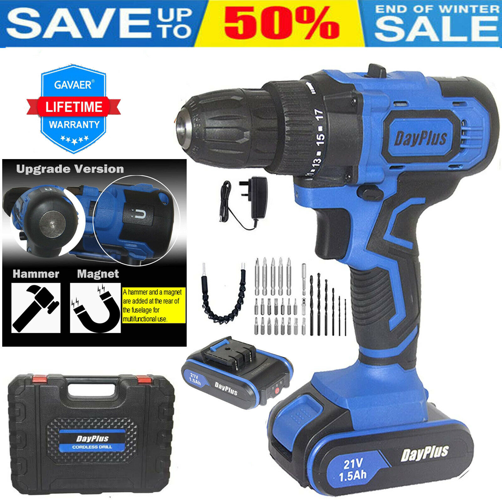 Bowoshen 18VVolt Electric Cordless Drill 2 Speed Multifunction Drill / Driver with Bits Set