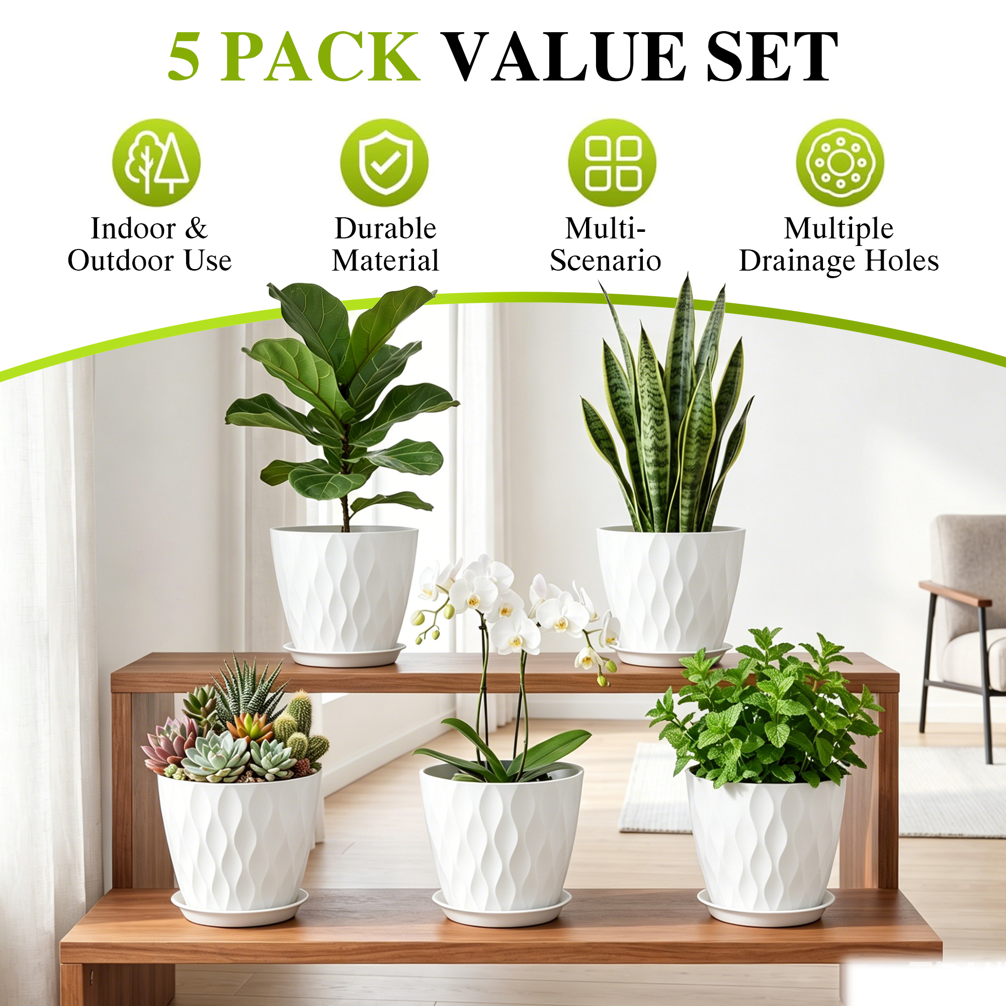 UOUZ 8-Inch White Plant Pots with Saucers, 5-Pack photo 7