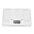 thumbnail image 1 of Organizador de pastillas inteligente portátil con 4 compartimentos, pantalla LCD, función de memoria, 8 alarmas programables y 5 tonos de alerta, disponible en blanco., 1 of 7