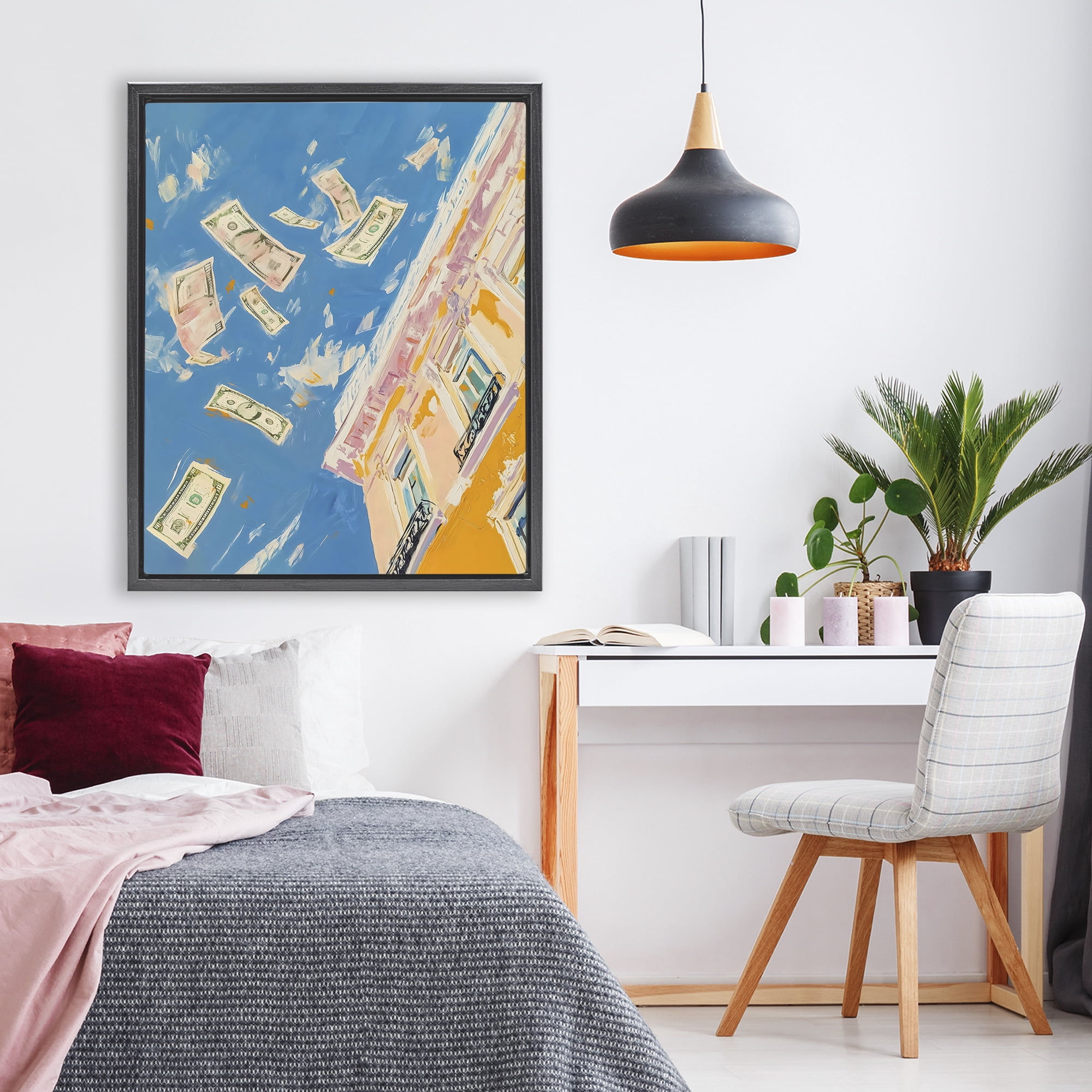 Stupell Industries Money Rain Drifting Past Windows Black Framed Floater Canvas Wall Art, design by The Prints Vibe