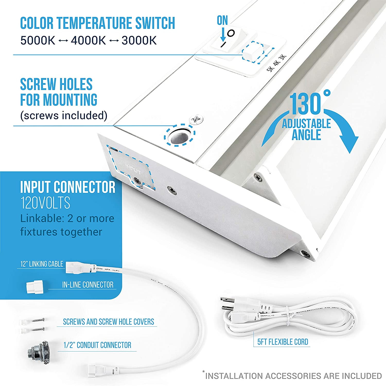 Adjustable LED Under Cabinet Lighting 8 inch, 3 Watt, White, with Swivel Lens, Changeable Color Temperature and Hi-Low Switch