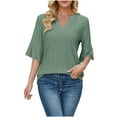thumbnail image 2 of Jalioing Womens 3/4 Sleeve Blouse Notched V-Neck Shirt Top Solid Color Casual Pullover T-Shirt Tops (XX-Large, Green), 2 of 7