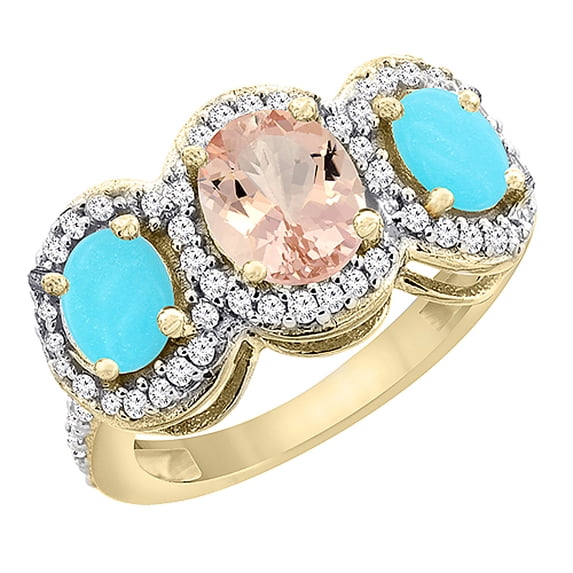 10K Yellow Gold Natural Morganite & Turquoise 3-Stone Ring Oval Diamond Accent, size 5