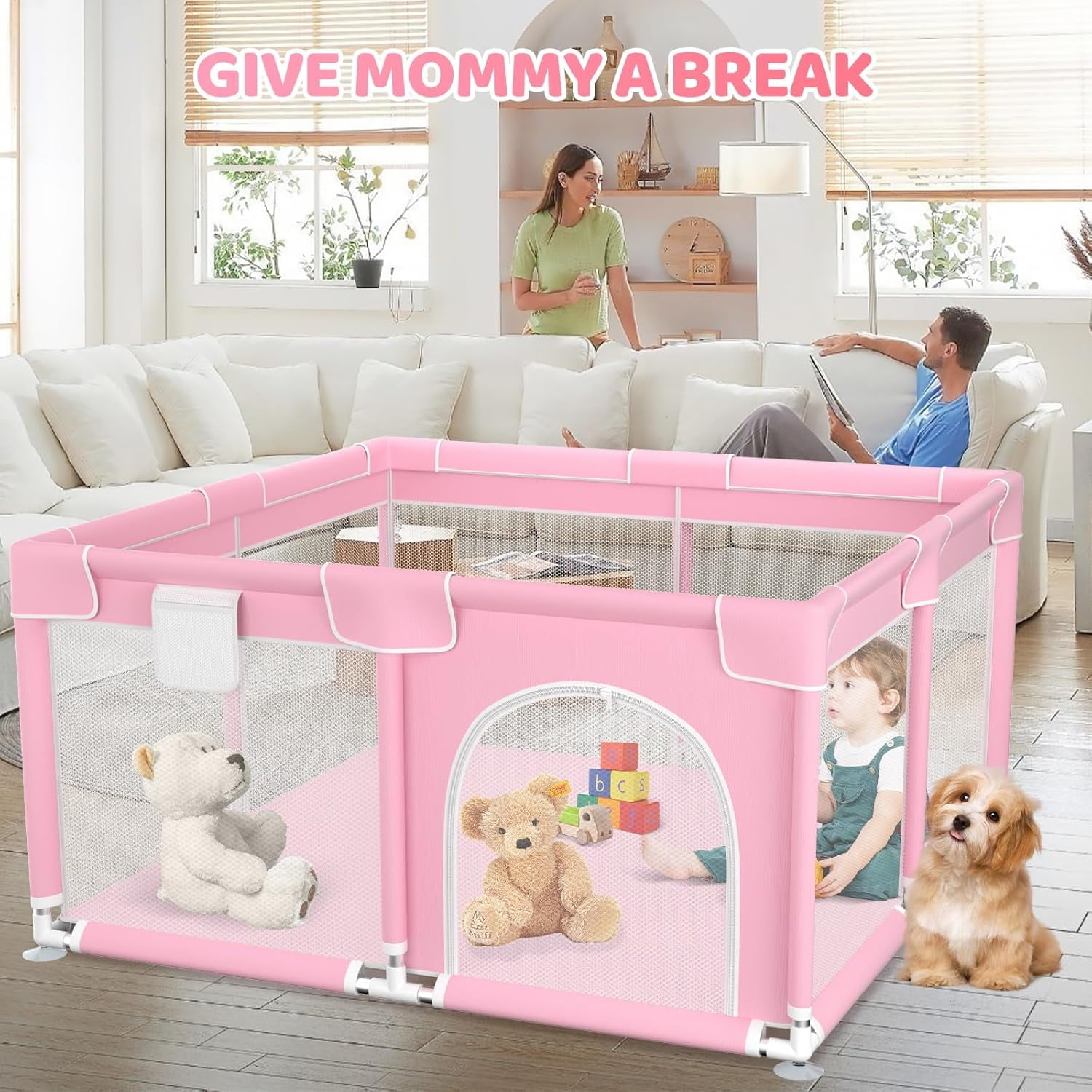 kmaier Baby Play Yards, 360° Visibility Baby Playpen, Sturdy Secure, Large Tourist Fence for Toddler-Pink