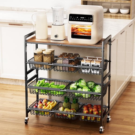 4-Tier Kitchen Storage Cart with Wood Top, 8 Baskets, and Wheels