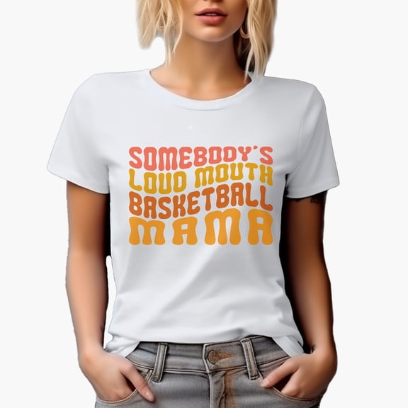 Funny Somebody's Loud Mouth Basketball Mama, Groovy Retro Wavy Text Merch Gift, White T-Shirt, Small