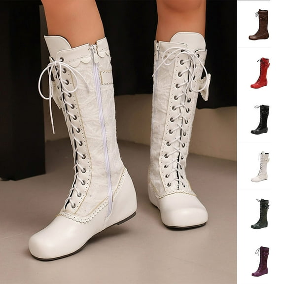 Knee-High Boots Women's Casual Winter Fashion Solid Color Bow Round Toe Side Zipper Flat Stylish Footwear