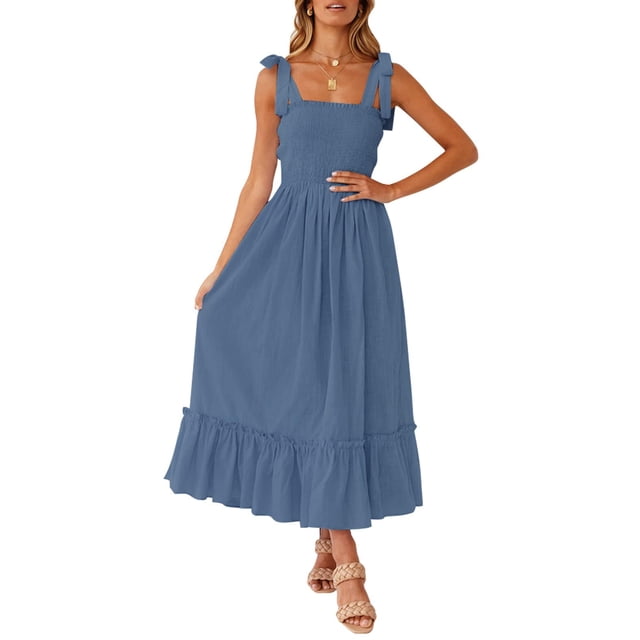 Vestido largo boho ZESICA 2026 de tirantes finos, azul polvo