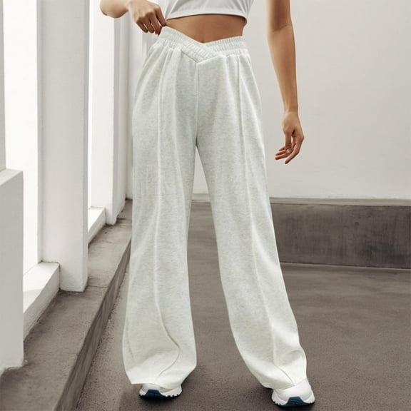 Solid Color Wide Leg Joggers for Women High Waisted Drawstring Lounge Pants with Pockets GYS
