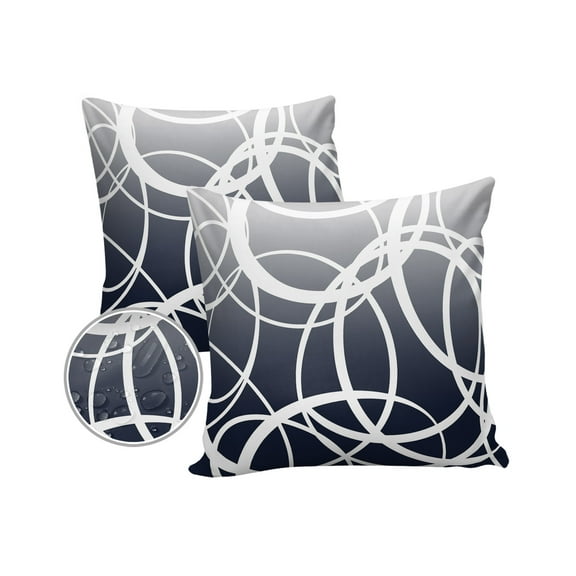 Pack of 2 Outdoor Pillow Covers, Navy Blue Grey Modern Art Geometric Circles Abstract Waterproof Square Throw Pillowcase Cushion Decorative Pillow Covers for Couch Patio Tent, 16x16 in