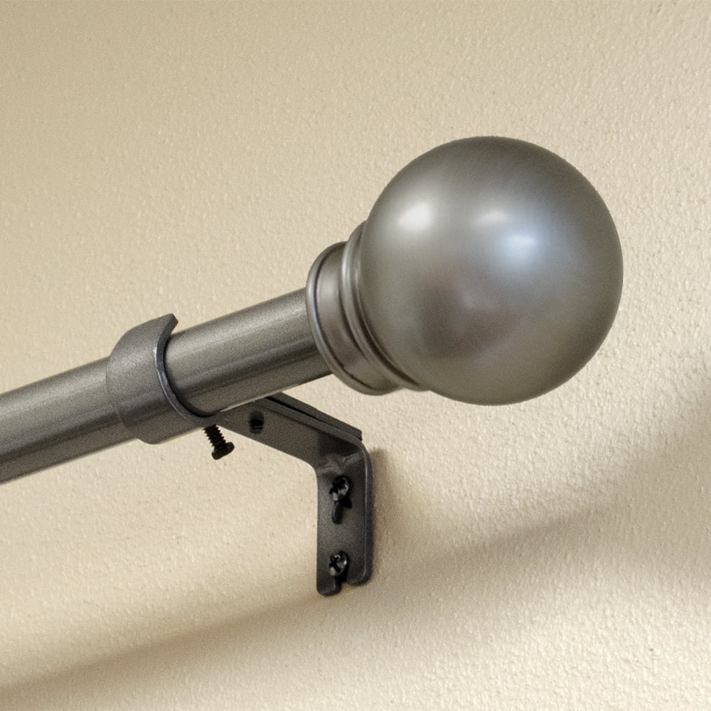 Lumino 1" Pewter Classic Ball Adjustable Single Curtain Rod Set, 42"-120"