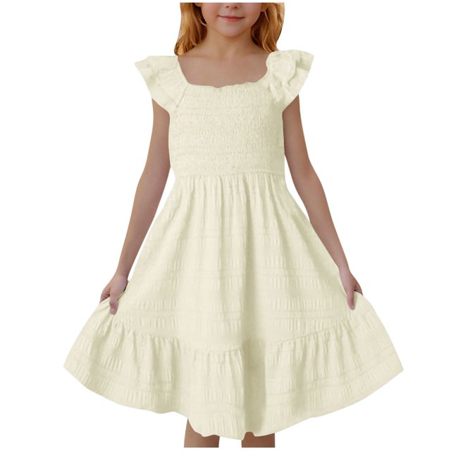 Cinvoph 3-14 Ans Tout-Petits Enfants Filles Robes Dentelle Manche à Volants Robe Plissée Préado Été Robe Décontractée à Étages