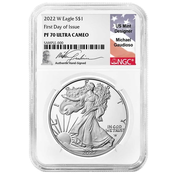2022-W Proof $1 American Silver Eagle NGC PF70UC FDI Gaudioso Flag Signature Label