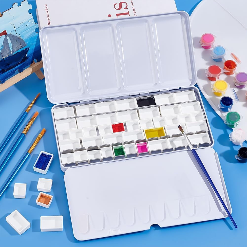 PH Large Watercolor Palette Box Metal Paint Tin with 42pcs 2ml Pans/24pcs 3.2ml Pans Empty Watercolor Tins Palette Paint Case for Artist Student Painting Supplies 4.49x8.9x0.93inch White