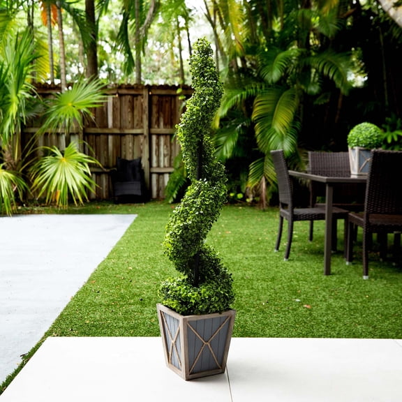 Nearly Natural Pre-Lit Boxwood Spiral Artificial Topiary Plant - 3.75' - Clear LED Lights