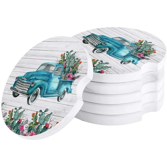 ZHANZZK Summer Truck and Tropical Plants Cactus Wooden Grain Set of 4 Car Coaster for Drinks, Absorbent Ceramic Stone Coasters Cup Mat with Cork Base for Home Kitchen Room Coffee Table Bar Decor
