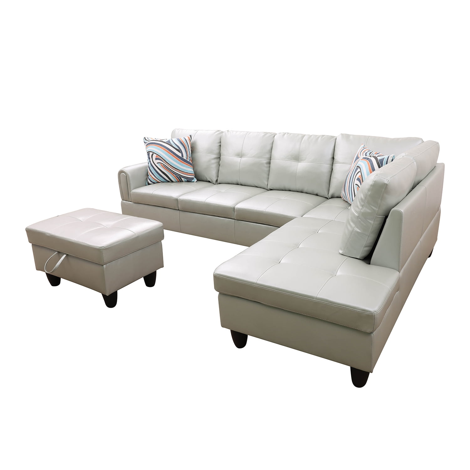 Hommoo Faux Leather 4-Seat Couch, 16'' Back Height L Shaped Sectional Couches and Sofas, Modern Living Room Furniture Sets Sectional Sofa Set, Silver Green(No Ottoman)