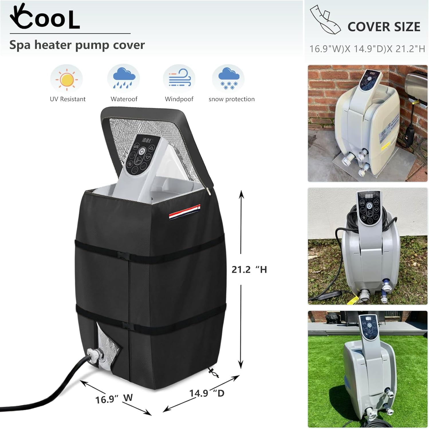 Hot Tub Pump Cover, Hot Tub Insulated Pump Cover, Hot Tub Spa Heater Pump Cover with Colorful Handles, Dustproof, Waterproof, and UV-Resistant, Upgraded and Thickened for Spa Heaters (Black)