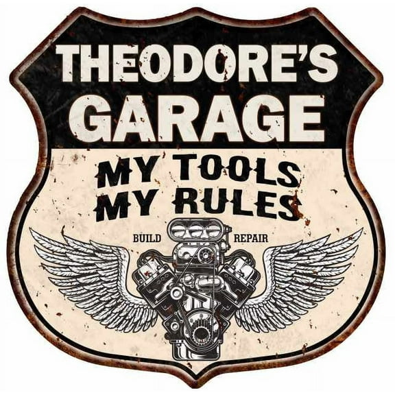 THEODORE'S Garage My Tools My Rules V8 Wings 12x12 Metal Sign 211110026151