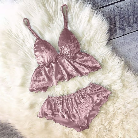 USSUMA Womens Lingeries Sexy Lingerie for Women Plus Size Womens Underwear Ladies Fashion Solid Color Erotic Hollow Sexy Deep V Satin Sexy Camisole Top Short Pajama Suit up to 60% off Pink M