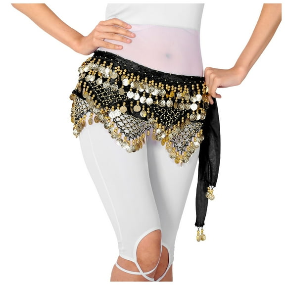 Fsqjgq Women's Sweet Bellydance Scarf with Gold Sequin Skirts Wrap Noisy Sparkly Tassel Mini Skirts Carnival Festival Belly Dance Skirts Clearance