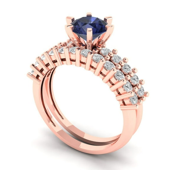 1.66 ct Brilliant Round Cut Blue Sapphire 14k Rose Gold Solitaire with Accents Engagement Bridal Wedding Ring Band Set size 6.25