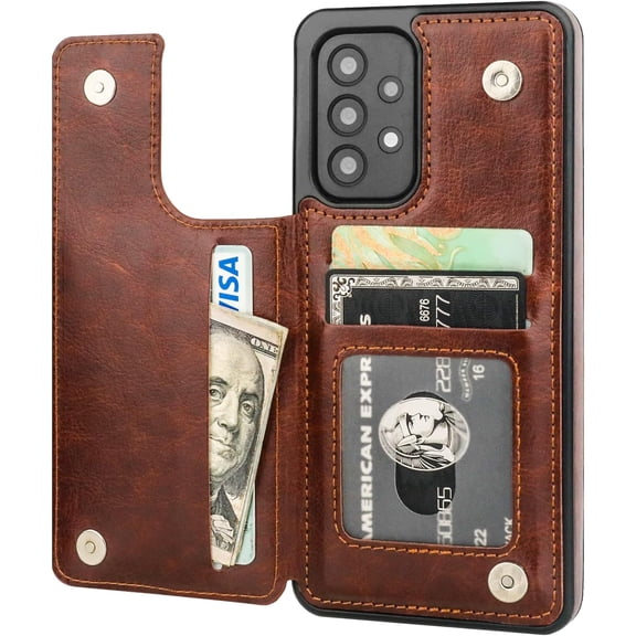 REQO Compatible with Samsung Galaxy A53 Wallet Case with Card Holder, PU Leather Kickstand Card Slots Case, Double Magnetic Clasp and Durable Shockproof Cover 5G 6.5 Inch(Brown)