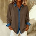 thumbnail image 2 of Lenpel Women's Button down Shirts Long Sleeve Collared Curved Hem Color Block Patchwork Casual Tops Loose Trendy Blouses(Coffee,Large), 2 of 7