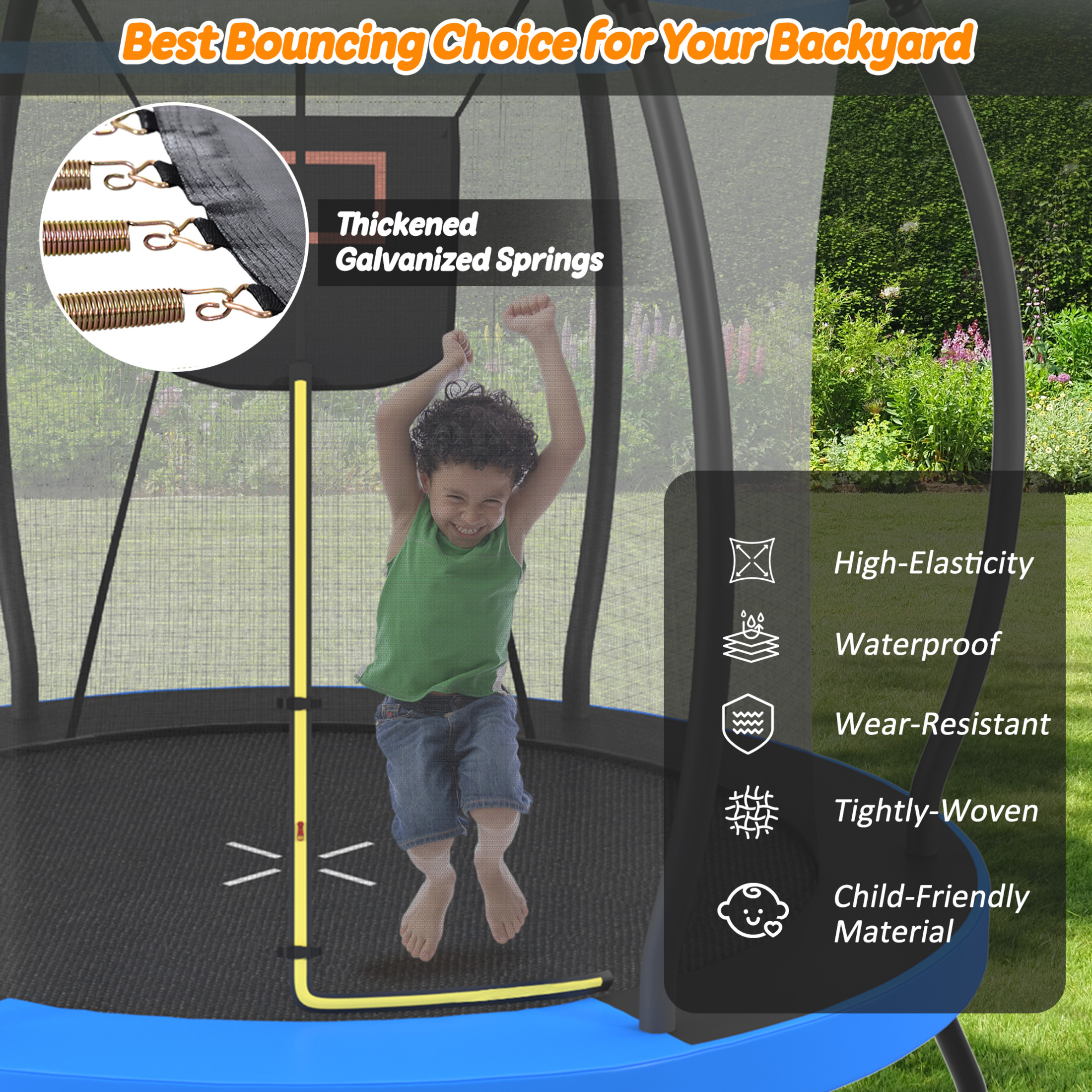 Noble House 8FT Outdoor Trampoline for Kids with Basketball Hoop, Enclosure Net and Ladder, Blue Metal Frame