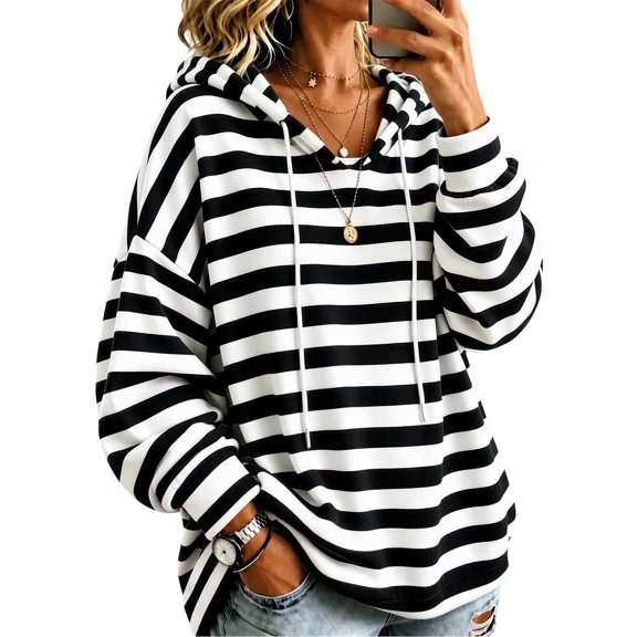 Raeneomay Women's Striped Hoodie - Drawstring Long Sleeve Pullover Top
