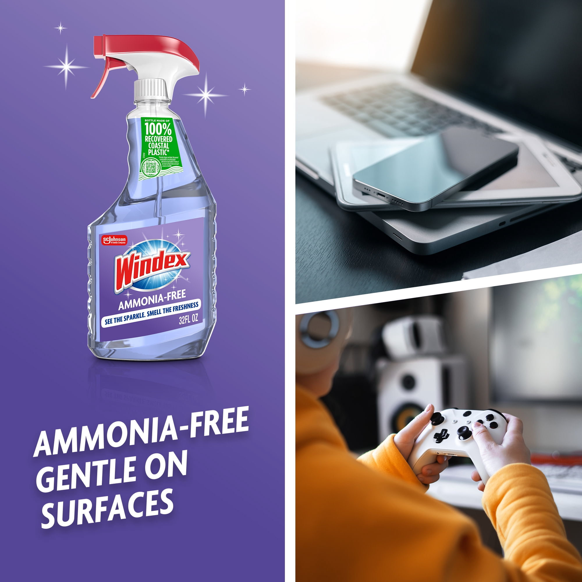 (2 pack) Windex Ammonia-Free Glass, Window, Mirror, and Windshield Cleaner, Crystal Rain Scent, Spray Bottle, 32 fl oz