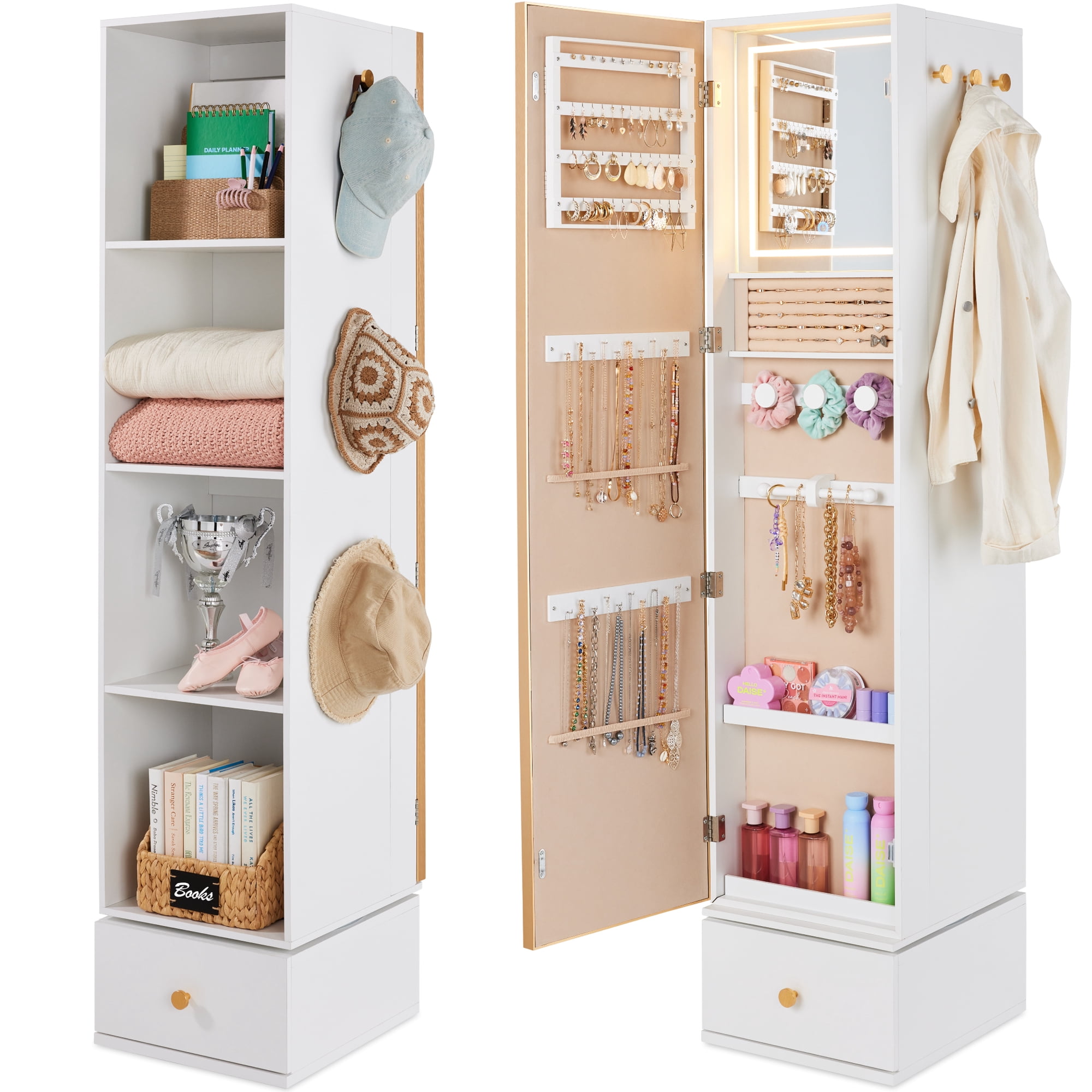 Best Choice Products Rotating Mirror w/ Storage Cabinet, Swivel Jewelry Armoire, Shelves, Jewelry Organizer, Hooks - Gold