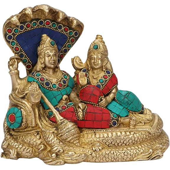 Kartique Lord Vishnu with Lakshmi Rest Upon Shesha Naag Multicolor Gemstone Handwork Idol Brass Laxmi Narayan Statue (6" X 7") (7" x 4" x 7")