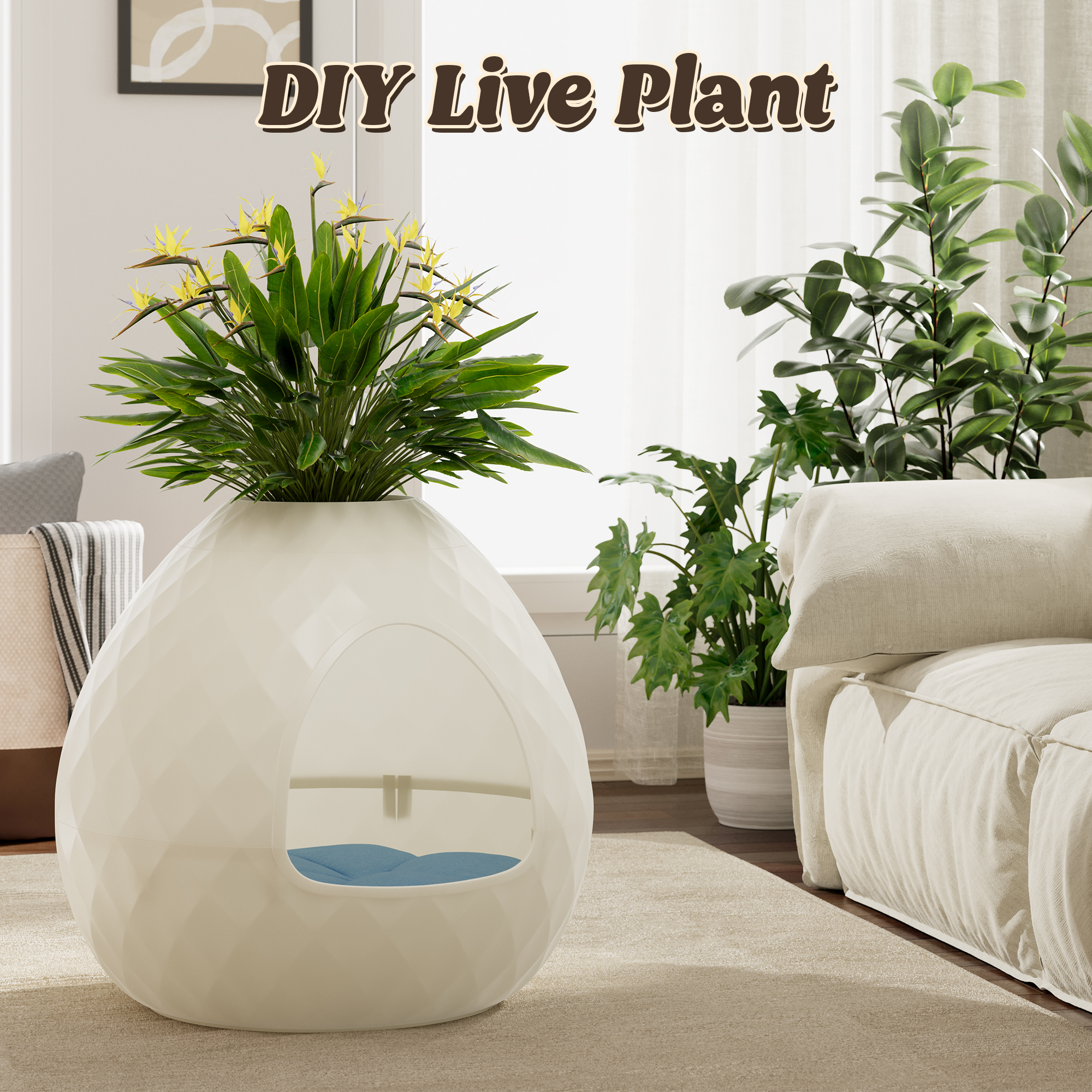 Bifanuo Cat Litter Box Enclosure Hidden Litter Box with Removable Planter Top, Egg-Shaped Resin Design, Tool-Free Quick Assembly,Multi-Functional for Living Room Indoor, White