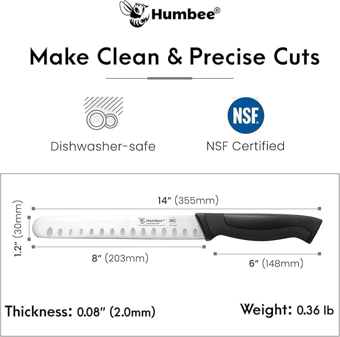 Humbee Chef Carving Knife 8-Inch with Granton Edge for Turkey Ham Meat Slicing and cutting NSF Certified DT-21 Series, Black