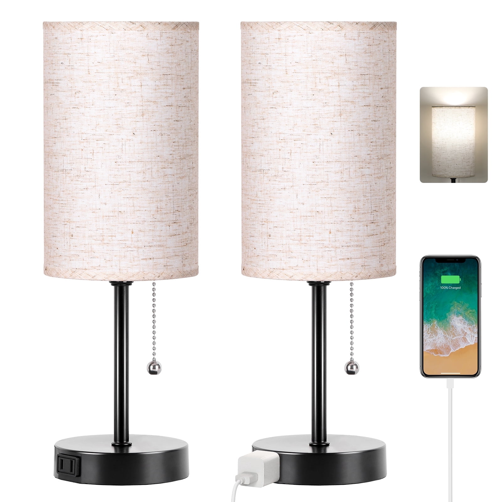 Table Lamps Set of 2 Bedside Lamp with AC Outlet AVV Small Nightstand Lamps for Bedroom Living Room Kid Room Dorm Office Black