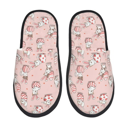 

Fuzoiu Easter Rabbit Print Unisex Furry Slippers Plush Indoor Shoes Trendy House Slippers Anti-Skid EVA Sole House Shoes for Home Office and Travel -Large