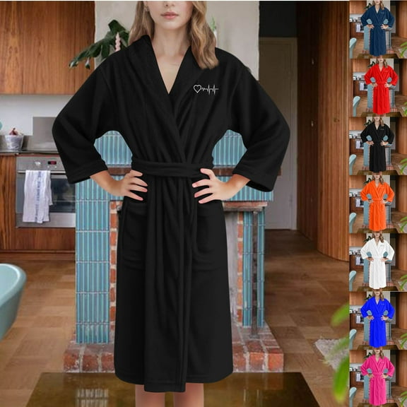 FRSASU Hooded Robe for Women Luxurious Flannel Heart Shaped Chest Printed Thick Velvet Bathrobe Winter Warm Homewear Pajamas White