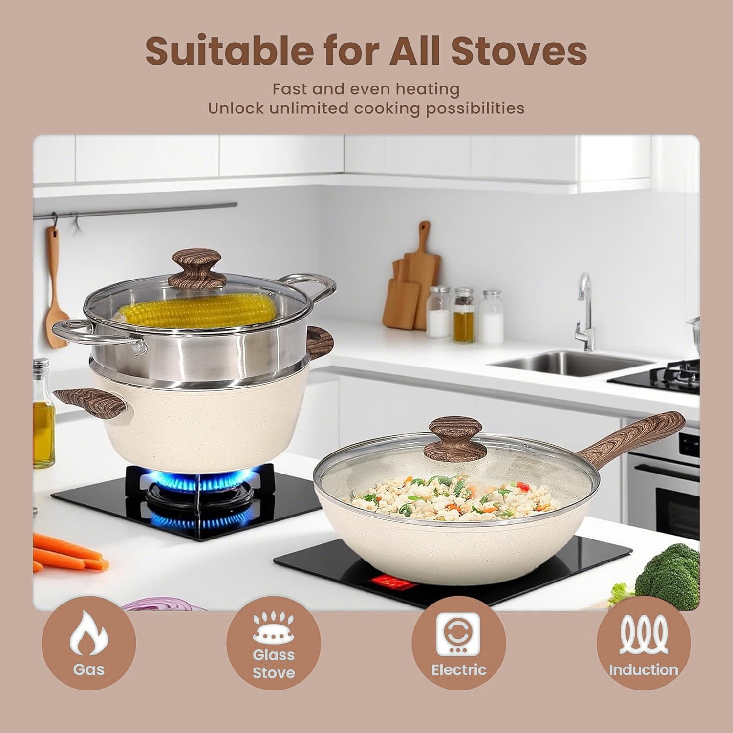17pcs Pots and Pans Set, Nonstick and Non-Toxic Cookware Set with Stay-Cool Handles, Induction Compatible, Oven Safe, White