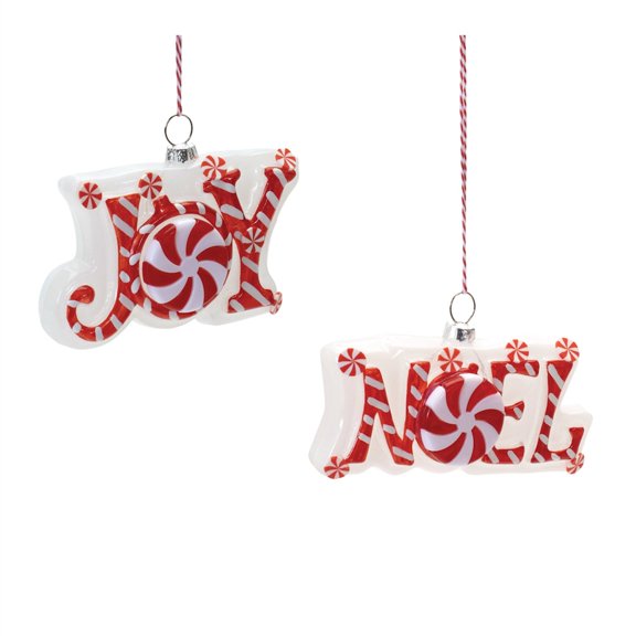 Glass Peppermint Joy and Noel Ornament Set of 6