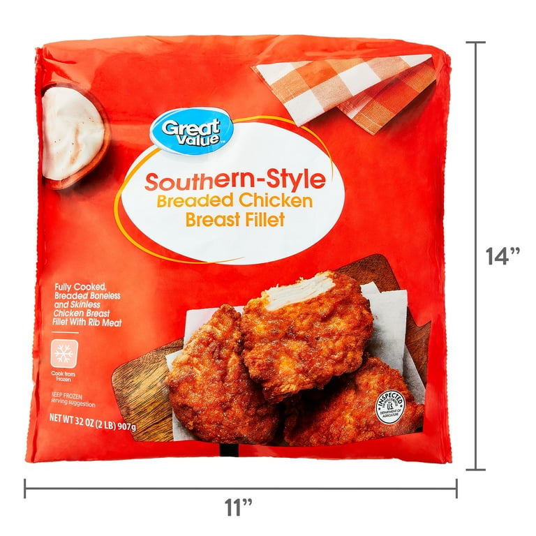 Great Value Fully Cooked Southern Style Chicken Breast Fillet, Whole, 32 oz  (Frozen)