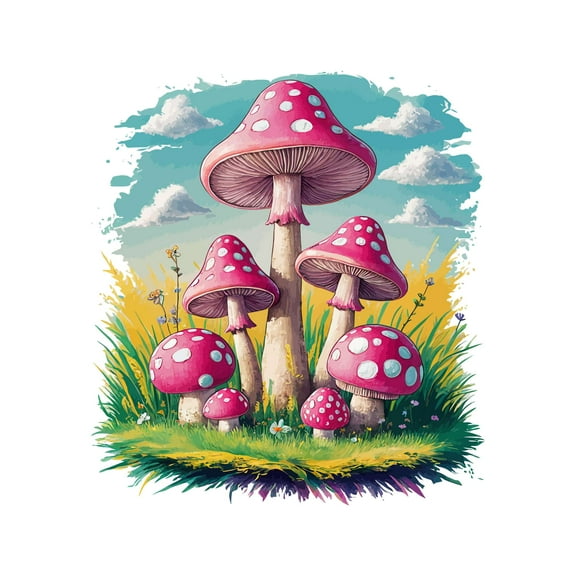 Cte Cartoon Pink Mushrooms in Field Cartoon Wall Art Sticker Designs Vinyl Stickers For Home House Walls Rooms Windows Bedroom Decoration Size (28x28 inch)