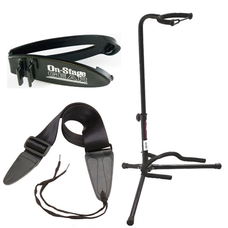 On Stage Classic Guitar Stand + Guitar Strap, Black + GripClip Guitar
