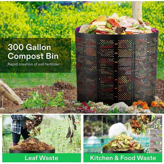 300 Gallon Outdoor Compost Bin, Expandable Composter, Easy to Setup & Large Capacity for Backyard, Lawn (Black with Gloves)