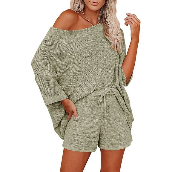 Casual Pajama Set Womens 2 Piece Outfits Off Shoulder Knit Tops and Shorts Suits