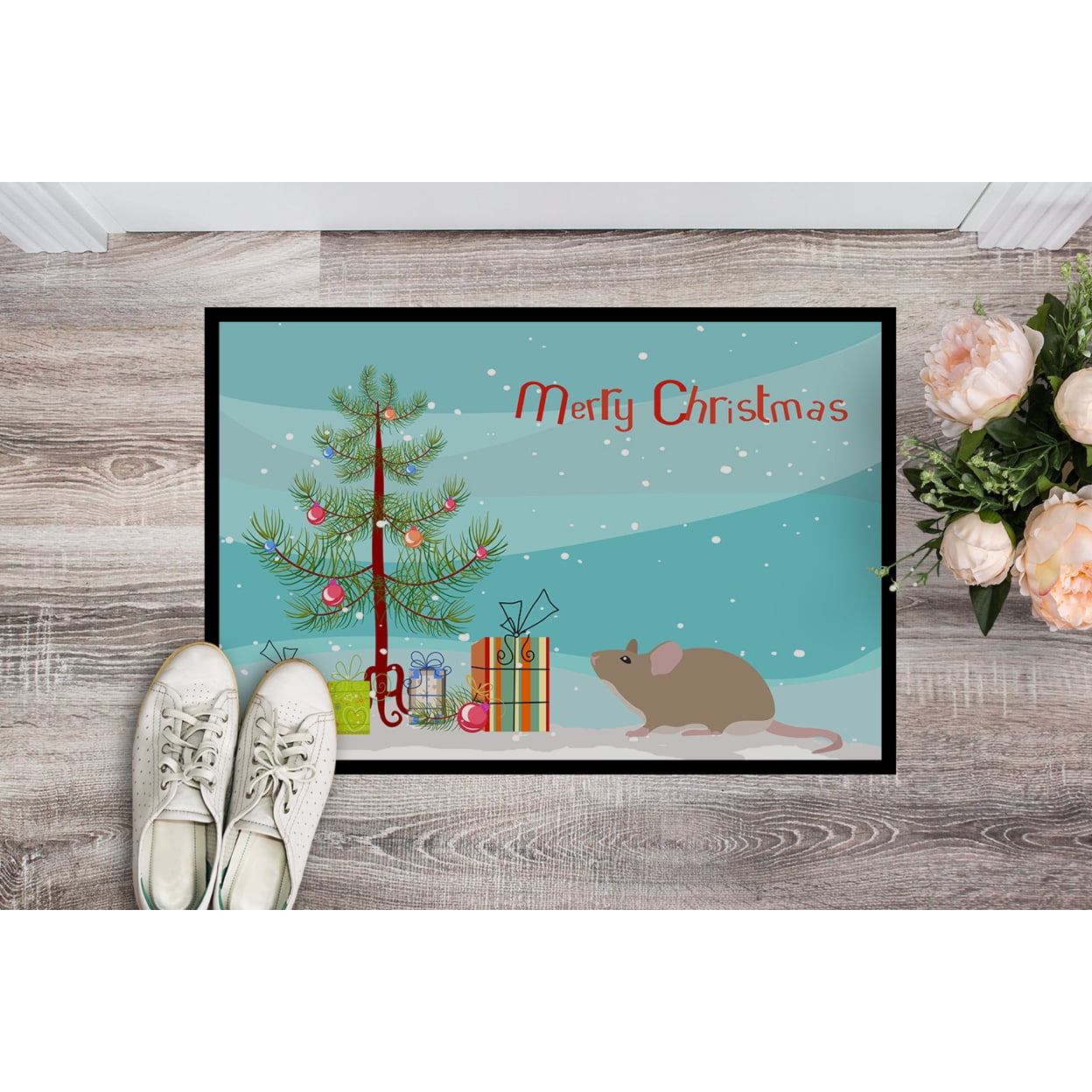 Grey Domestic Mouse Merry Christmas Door Mat