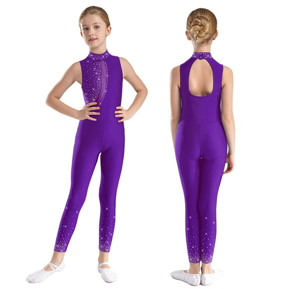 iixpin Kids Girls Full Length Unitard Sleeveless Gymnastics Leotard Jumpsuit Shiny Rhinestone Catsuit Purple 12