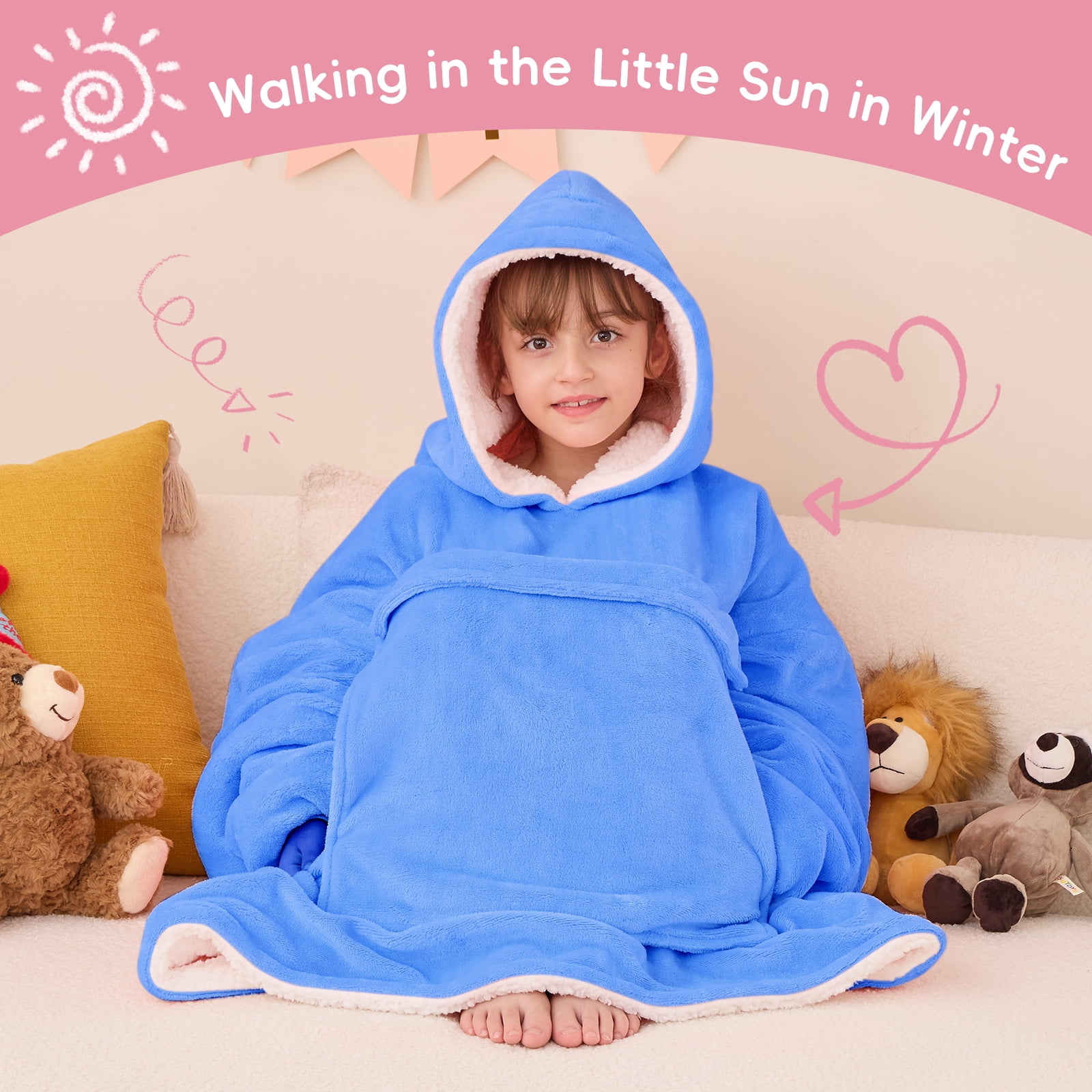 PMONPA Wearable Blanket Hoodie for Kids, Soft Double Layer Sherpa Fleece Sweatshirt,Teen Gifts for Kids, Youth, Boys, Girls, One Size, Sky Blue