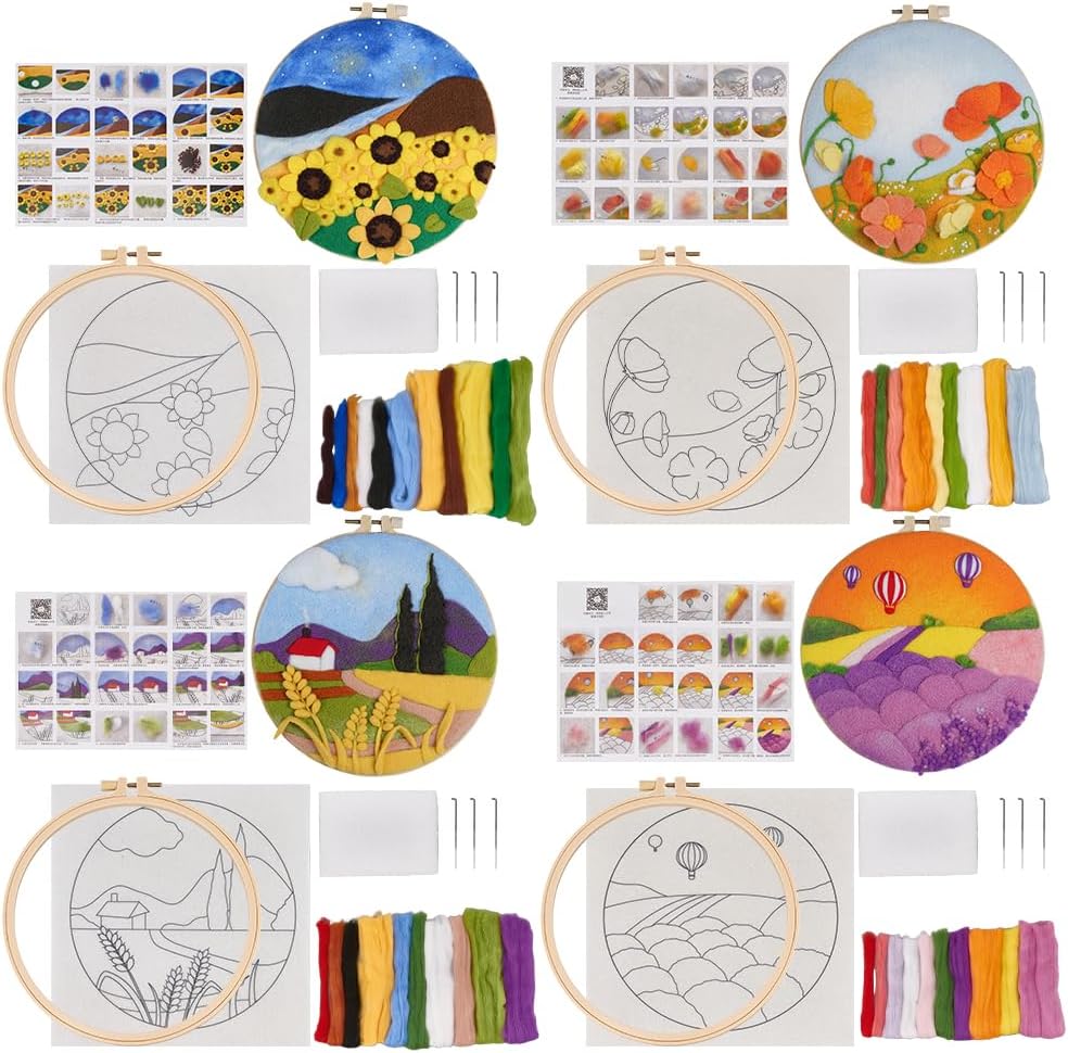 4 Sets Needle Felt Starter Set Meadow Felt Painting Kit for Beginners Wool Felting Supplies with Picture Frame Felting Needles Foam Pad Felts Cloth Instruction Mixed Color
