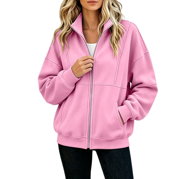 dazeni Zip up Jackets for Women No Hood Lightweight Long Sleeve Casual Coat Solid Fall Winter Fleece Lined Stand Collar Outwear with Pockets Pink X-Large